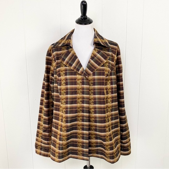 Austin Reed Tops - Austin Reed 70s VTG Plaid Paisley Print Button Up Blouse Size 16W Brown Gold